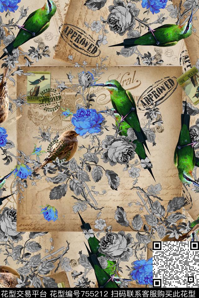 手绘花卉花卉花鸟图数码印花华亿平台下载（图片编号: 755212） - 瓦栏（Walan）