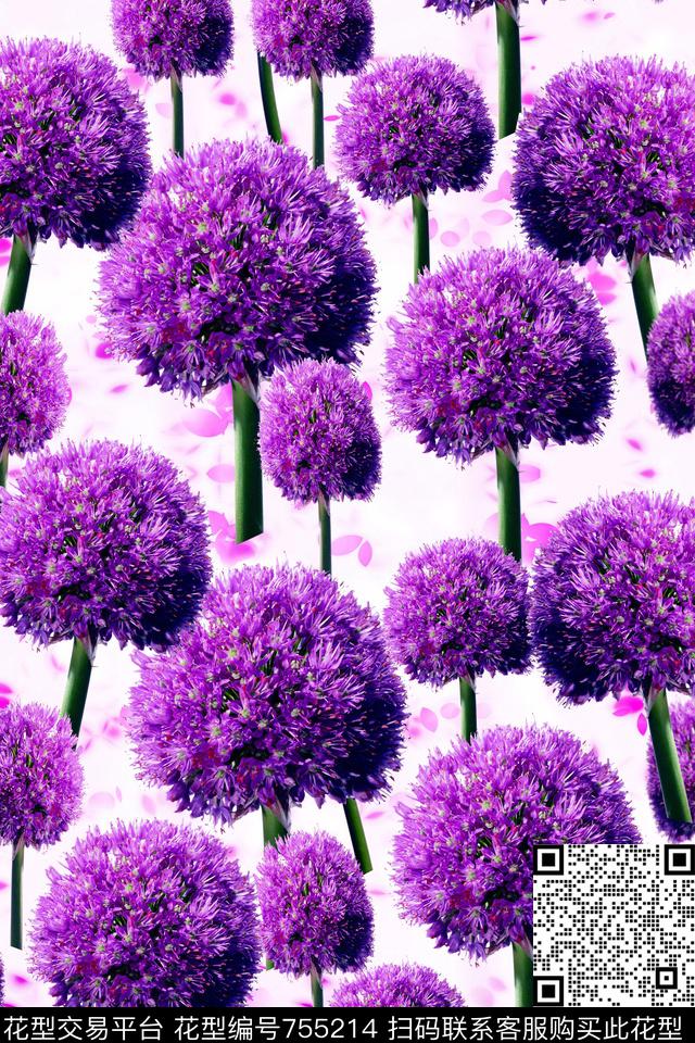 手绘花卉紫色蒲公英花卉数码印花华亿平台下载（图片编号: 755214） - 瓦栏（Walan）