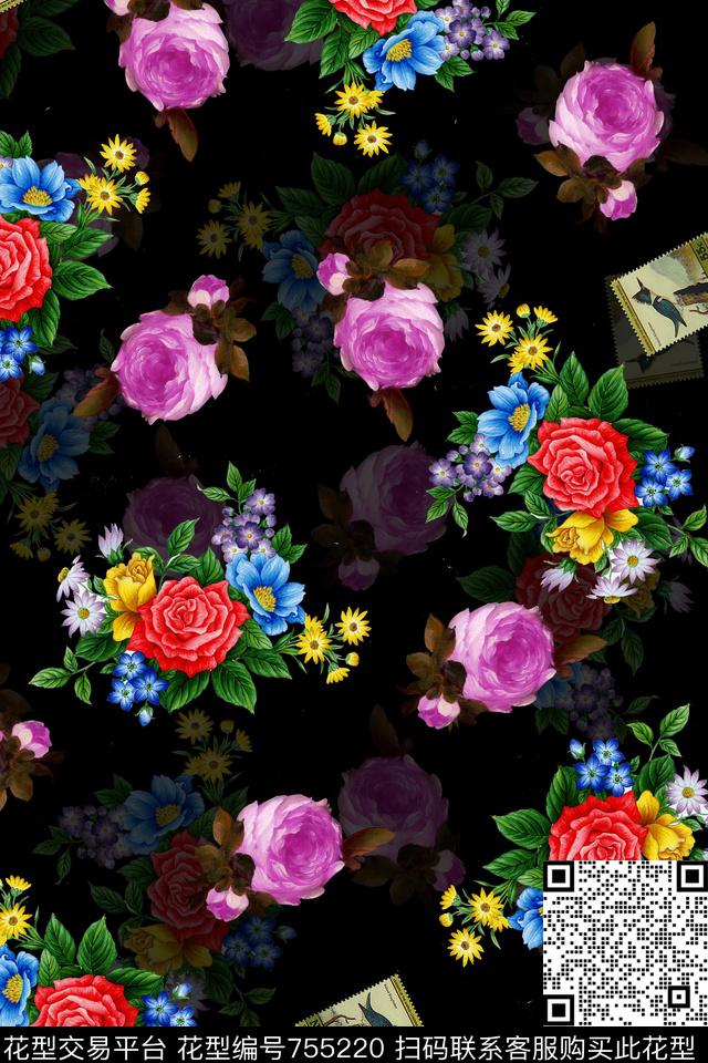 手绘花卉乱花华亿平台数码印花华亿平台下载（图片编号: 755220） - 瓦栏（Walan）