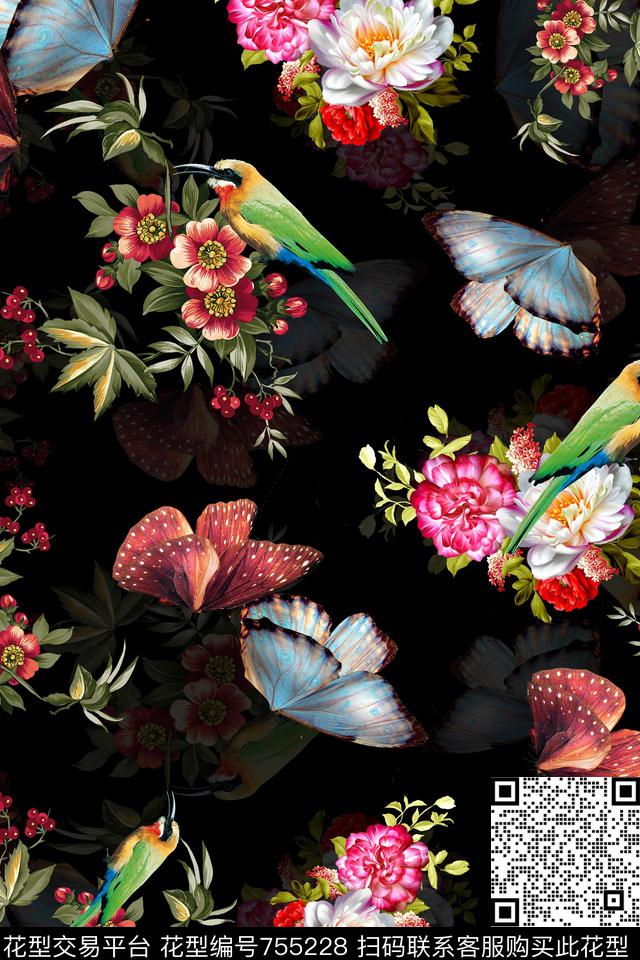 手绘花卉花卉花鸟图数码印花华亿平台下载（图片编号: 755228） - 瓦栏（Walan）