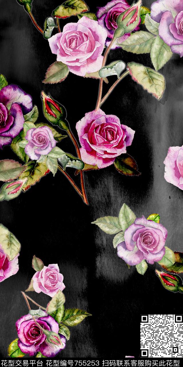 玫瑰大花花朵数码印花华亿平台下载（图片编号: 755253） - 瓦栏（Walan）