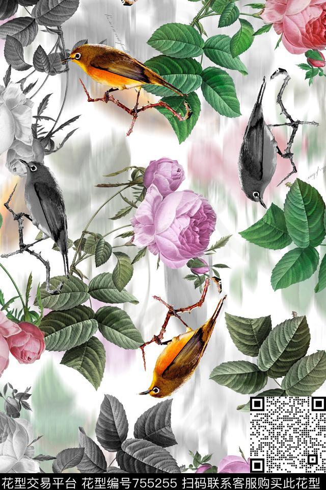 花鸟图鸟手绘花卉数码印花华亿平台下载（图片编号: 755255） - 瓦栏（Walan）