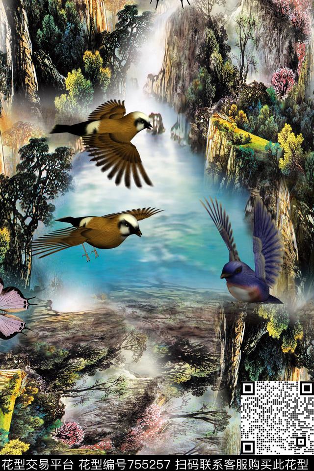 手绘花卉山水图花卉数码印花华亿平台下载（图片编号: 755257） - 瓦栏（Walan）