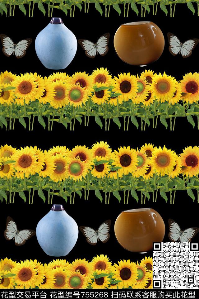 手绘花卉花瓶向日葵数码印花华亿平台下载（图片编号: 755268） - 瓦栏（Walan）