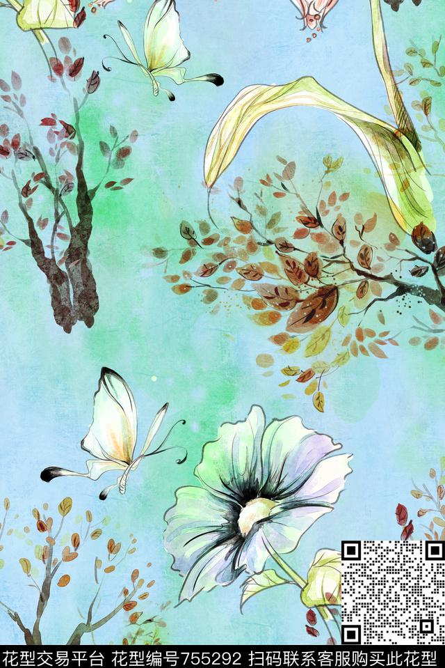 手绘水彩花朵数码印花华亿平台下载（图片编号: 755292） - 瓦栏（Walan）