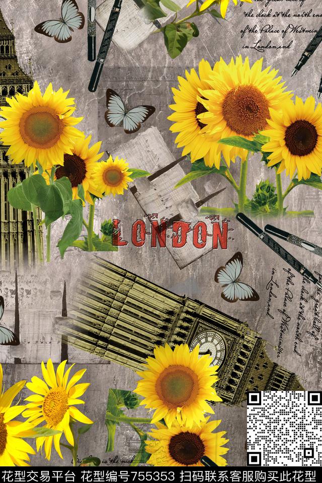 花卉华亿平台向日葵数码印花华亿平台下载（图片编号: 755353） - 瓦栏（Walan）