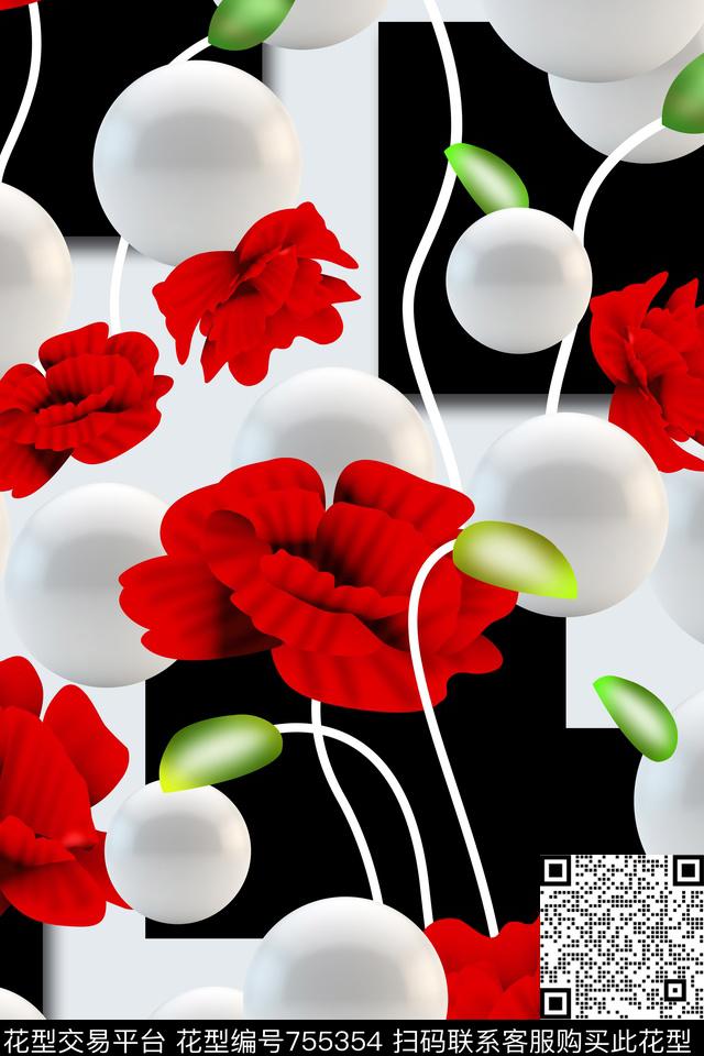 手绘花卉玫瑰花卉球数码印花华亿平台下载（图片编号: 755354） - 瓦栏（Walan）