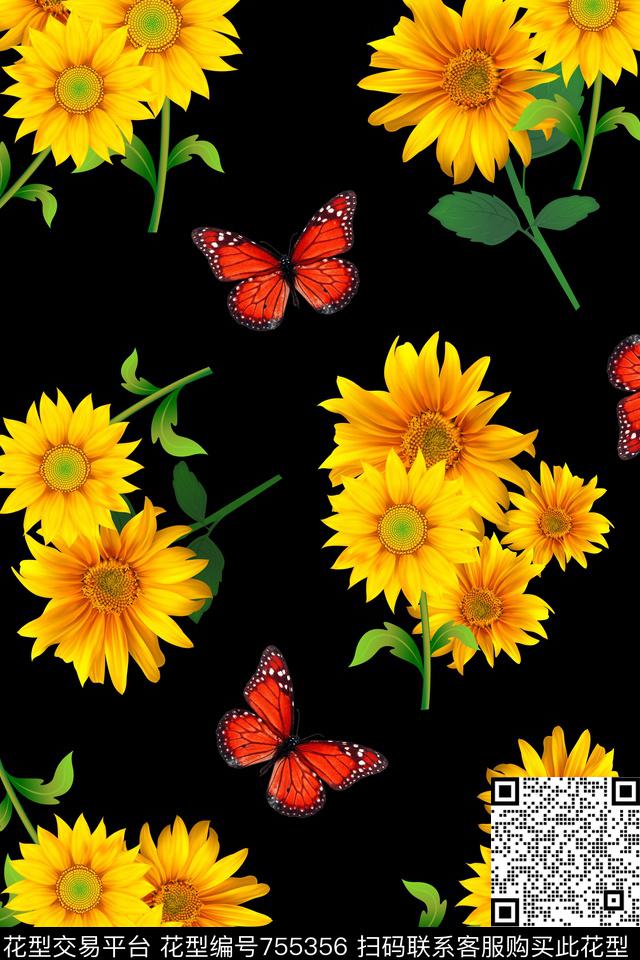乱花向日葵蝴蝶数码印花华亿平台下载（图片编号: 755356） - 瓦栏（Walan）