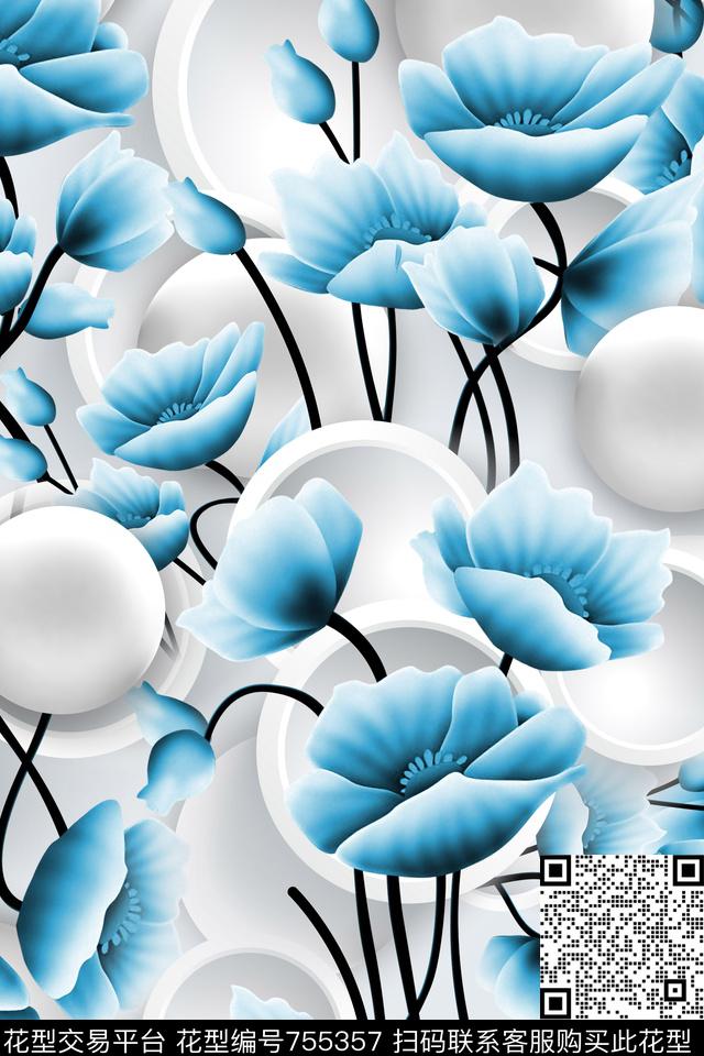 花卉蓝色花卉3D背景数码印花华亿平台下载（图片编号: 755357） - 瓦栏（Walan）