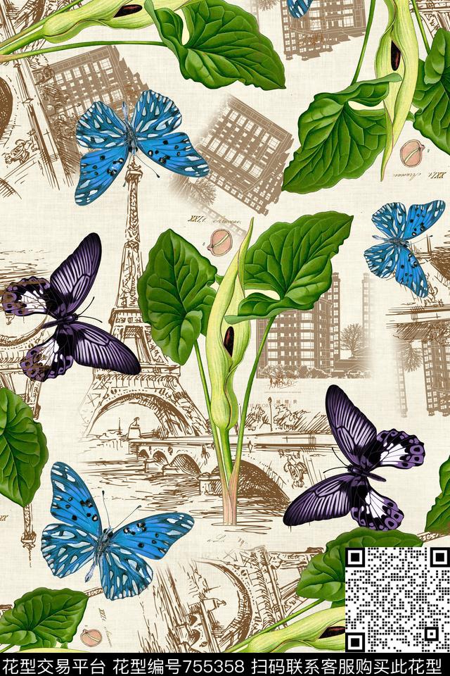 花卉蝴蝶欧式背景数码印花华亿平台下载（图片编号: 755358） - 瓦栏（Walan）