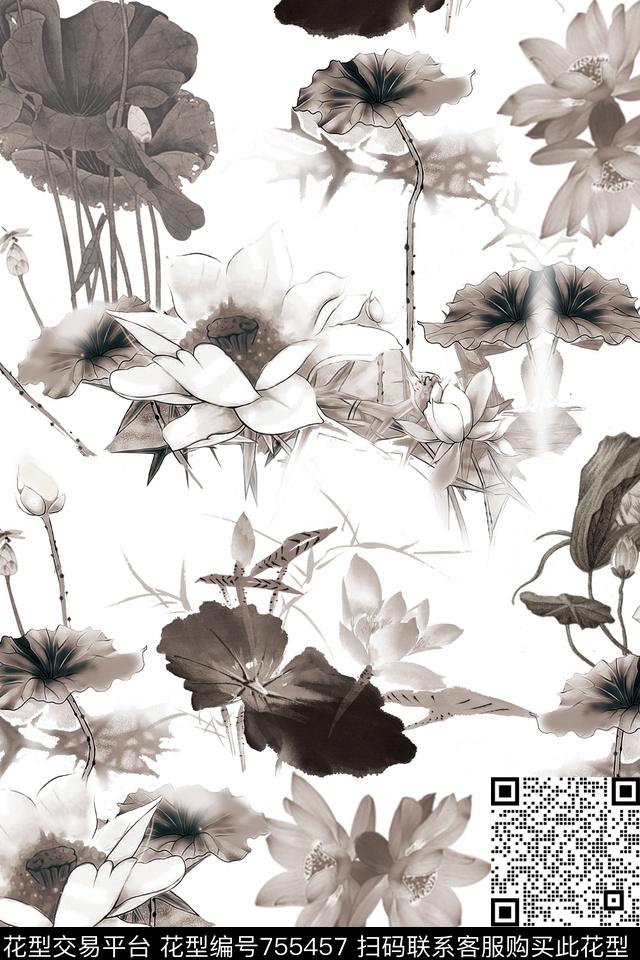 水墨花卉荷花传统印花华亿平台下载（图片编号: 755457） - 瓦栏（Walan）