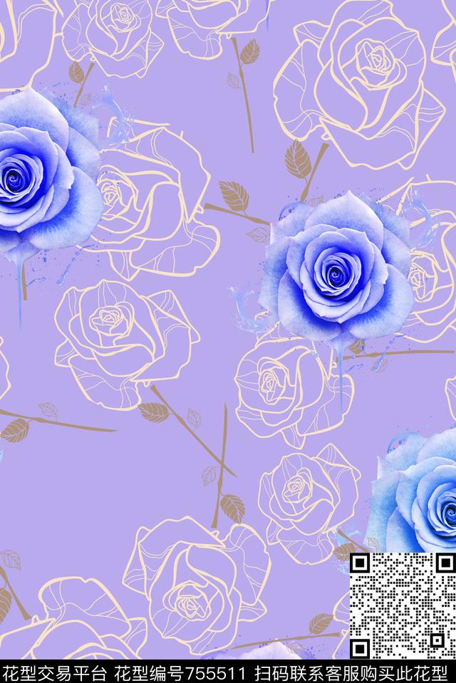花朵花卉玫瑰数码印花华亿平台下载（图片编号: 755511） - 瓦栏（Walan）
