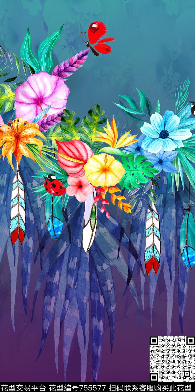 时尚手绘水彩数码印花华亿平台下载（图片编号: 755577） - 瓦栏（Walan）