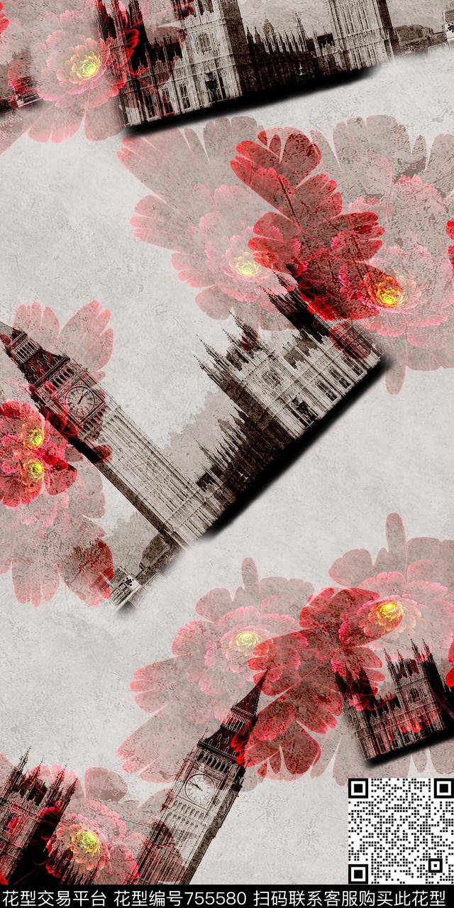 风景花卉大笨钟数码印花华亿平台下载（图片编号: 755580） - 瓦栏（Walan）