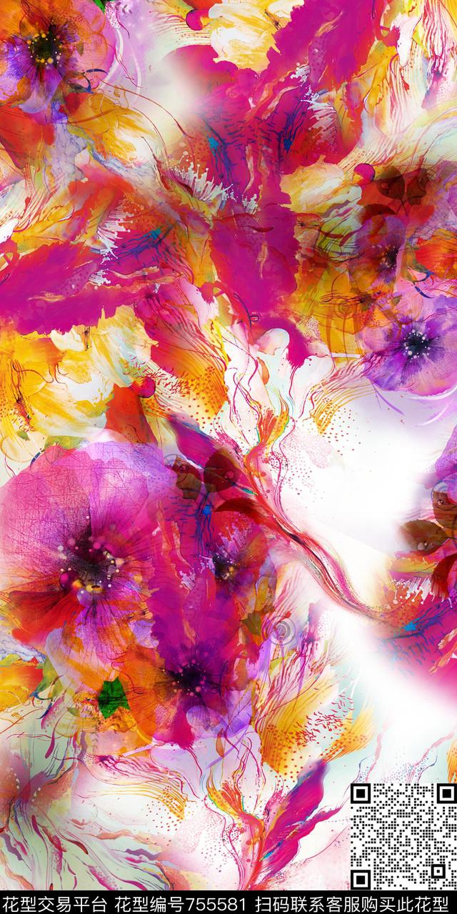 大花花朵花卉数码印花华亿平台下载（图片编号: 755581） - 瓦栏（Walan）