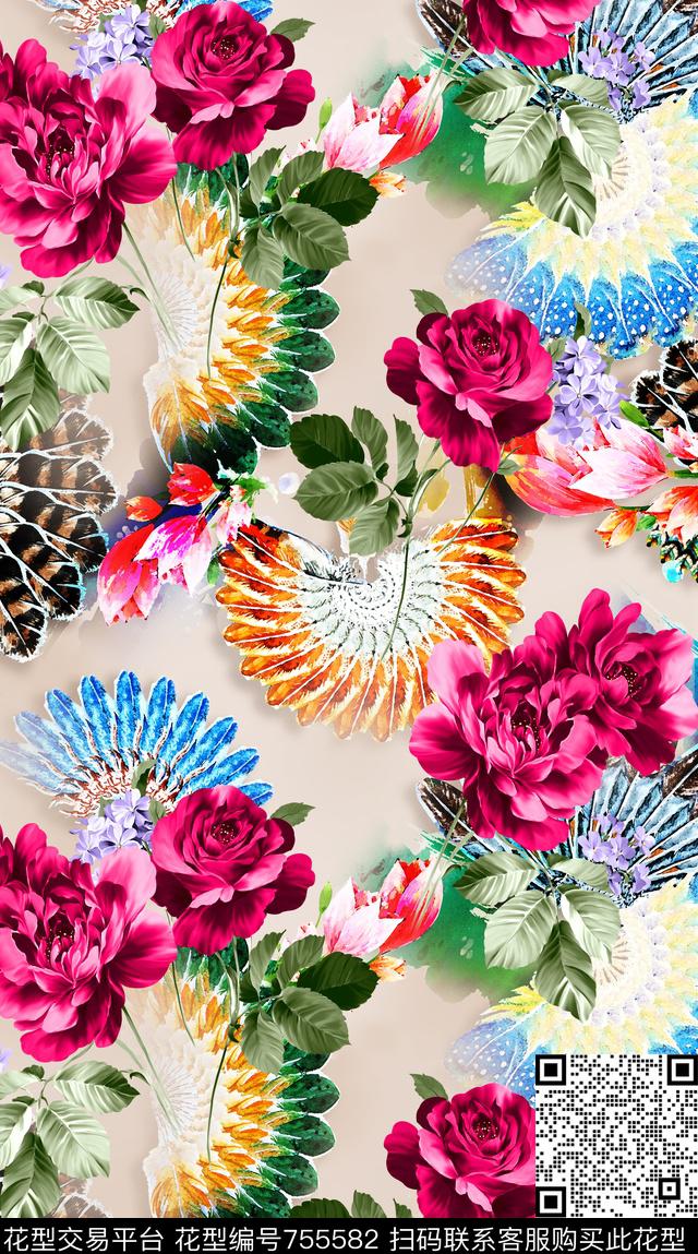 民族风羽毛花卉数码印花华亿平台下载（图片编号: 755582） - 瓦栏（Walan）