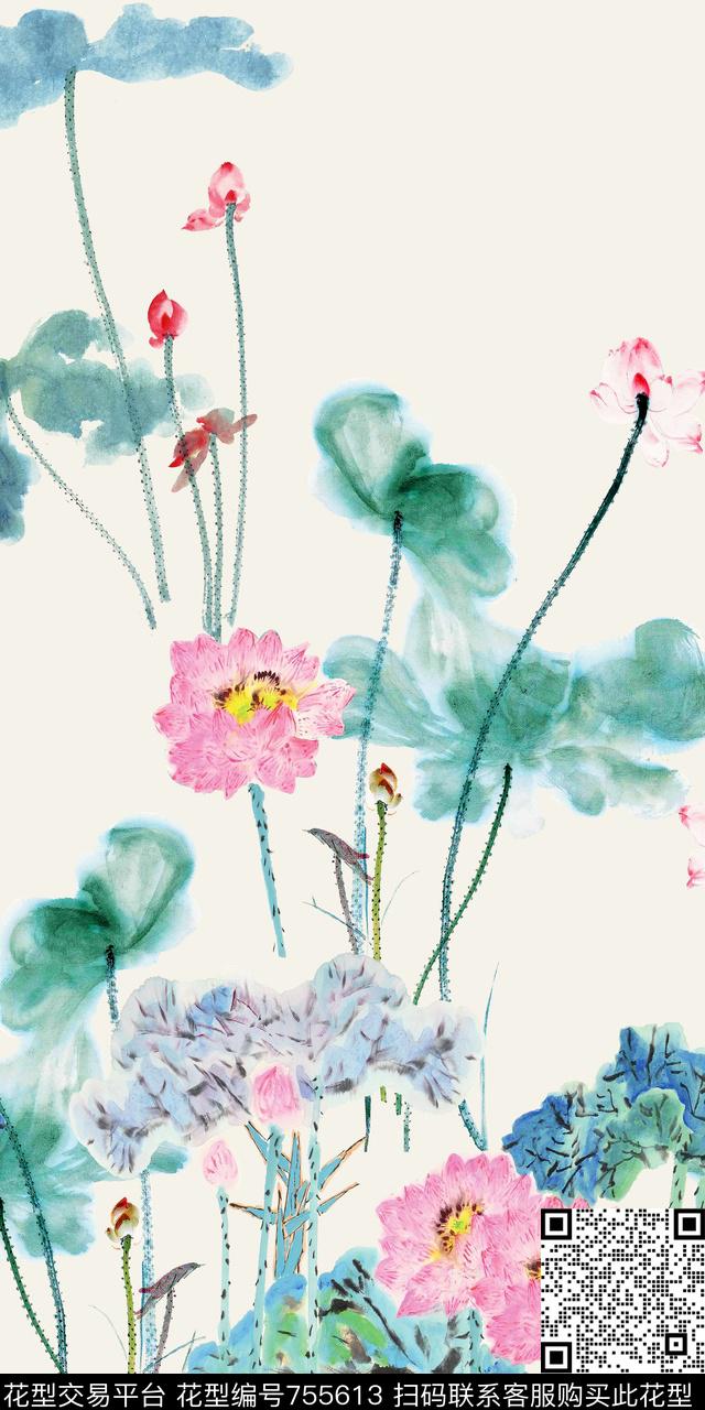 抽象国画荷花数码印花华亿平台下载（图片编号: 755613） - 瓦栏（Walan）