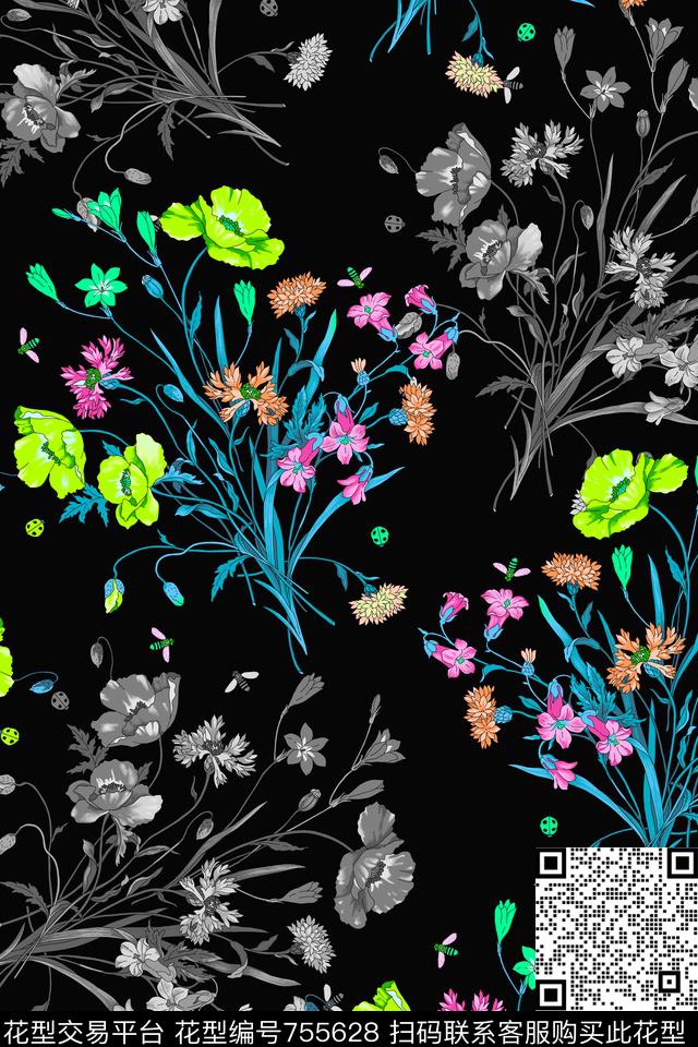 碎花乱花花卉黑白花传统印花华亿平台下载（图片编号: 755628） - 瓦栏（Walan）