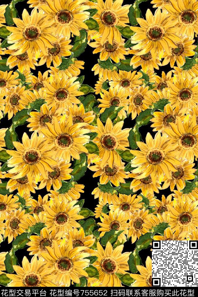 向日葵手绘暗夜数码印花华亿平台下载（图片编号: 755652） - 瓦栏（Walan）