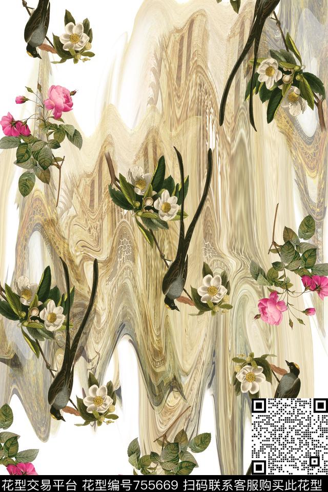 华亿平台手绘图叶枝数码印花华亿平台下载（图片编号: 755669） - 瓦栏（Walan）
