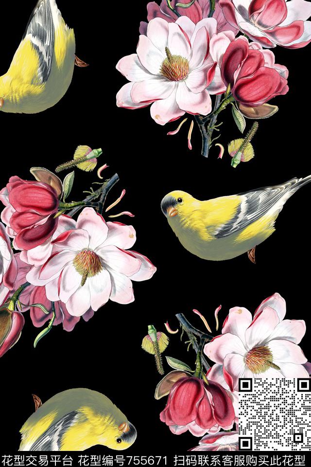 花卉花鸟图手绘花卉数码印花华亿平台下载（图片编号: 755671） - 瓦栏（Walan）