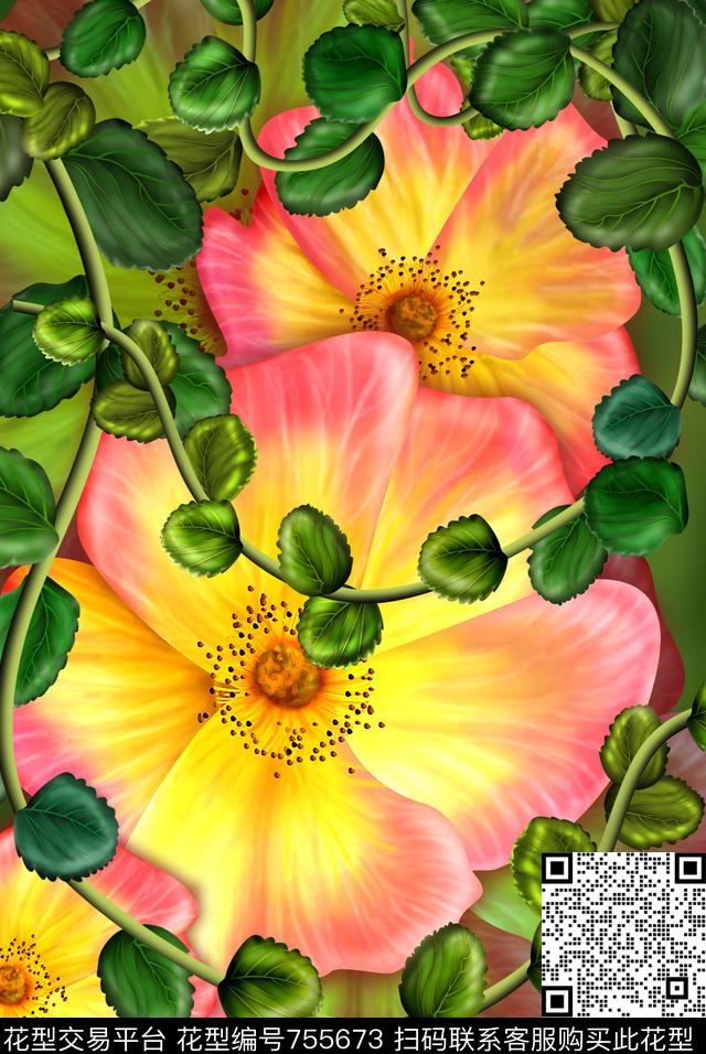 花卉手绘花卉花藤数码印花华亿平台下载（图片编号: 755673） - 瓦栏（Walan）