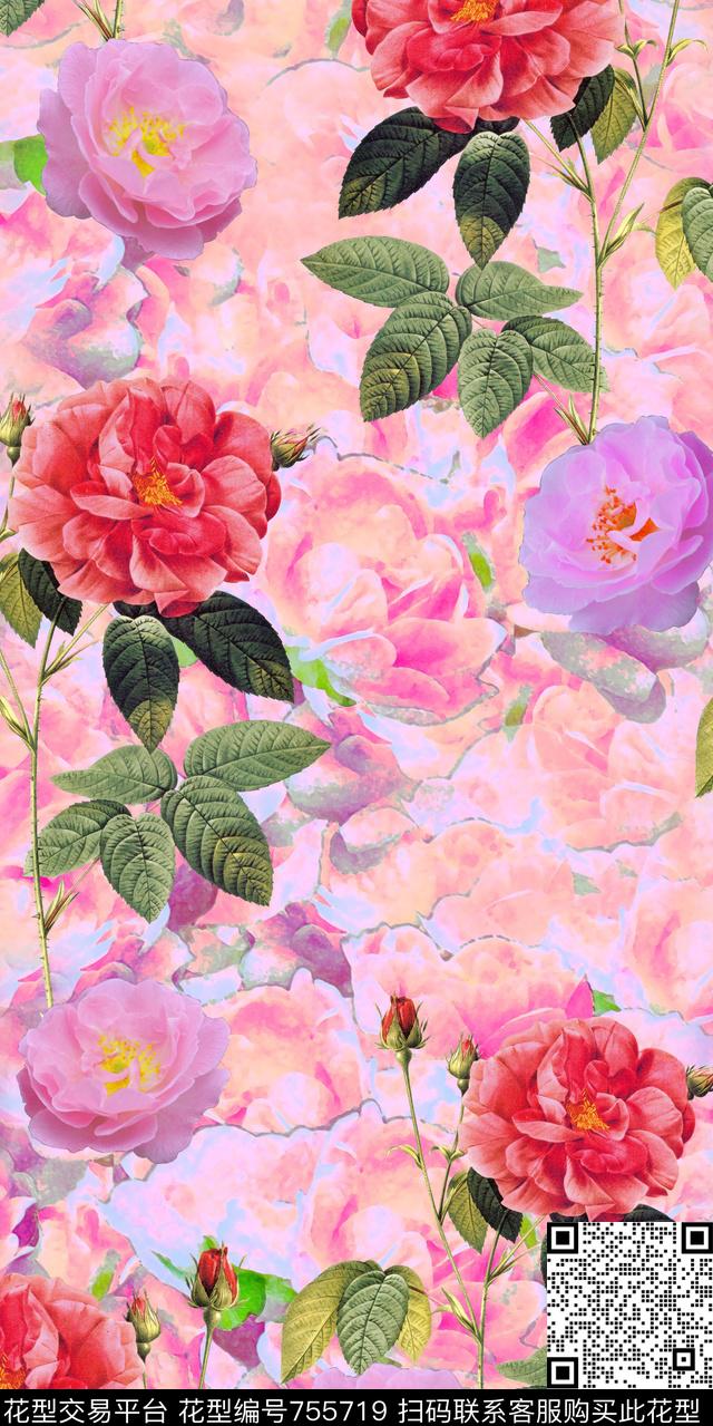 大花牡丹花朵数码印花华亿平台下载（图片编号: 755719） - 瓦栏（Walan）