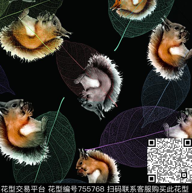 松鼠树叶黑底数码印花华亿平台下载（图片编号: 755768） - 瓦栏（Walan）