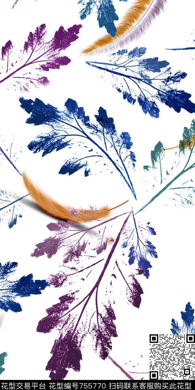 白底树叶羽毛数码印花华亿平台下载（图片编号: 755770） - 瓦栏（Walan）