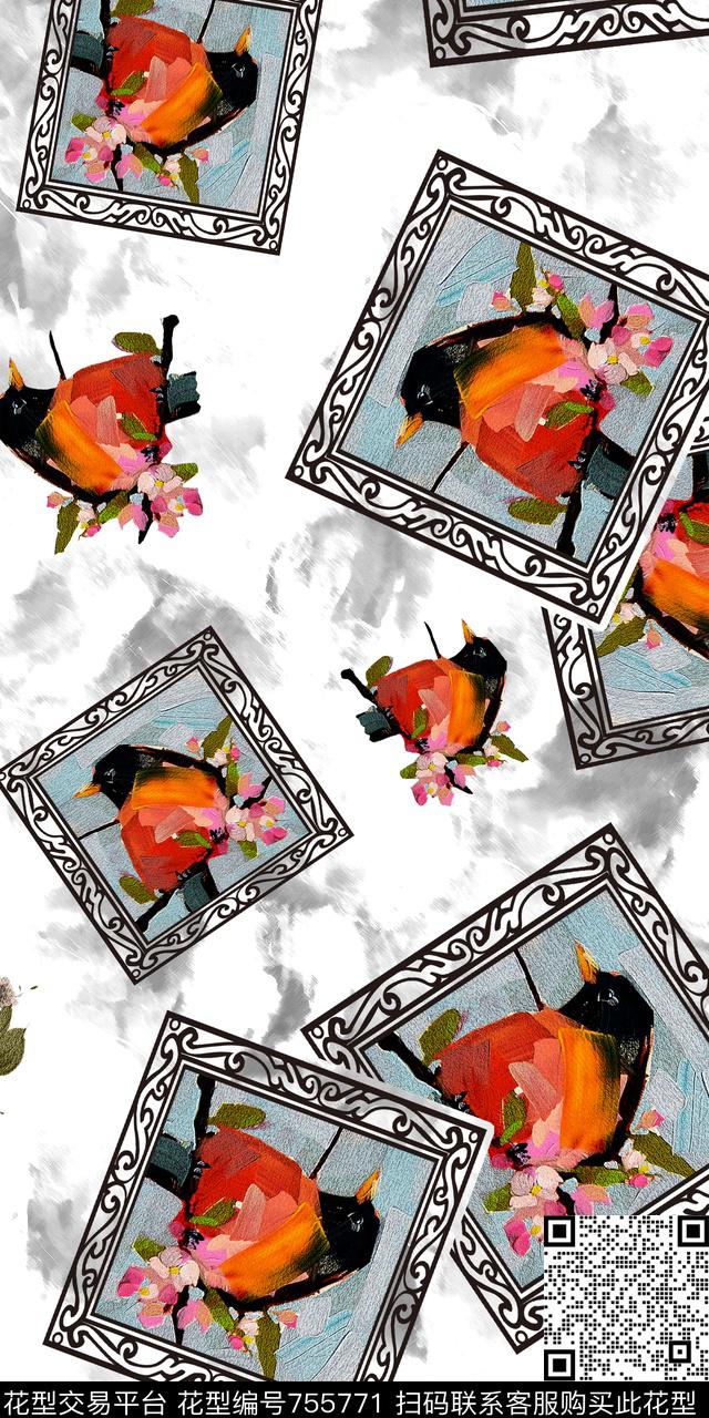 鸟油画几何数码印花华亿平台下载（图片编号: 755771） - 瓦栏（Walan）