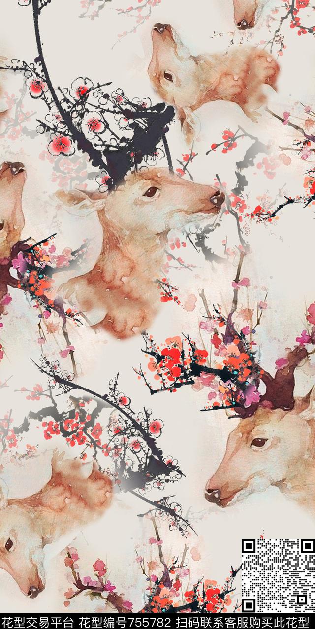 鹿梅花水彩数码印花华亿平台下载（图片编号: 755782） - 瓦栏（Walan）