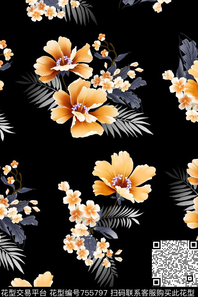 大花花朵花卉数码印花华亿平台下载（图片编号: 755797） - 瓦栏（Walan）