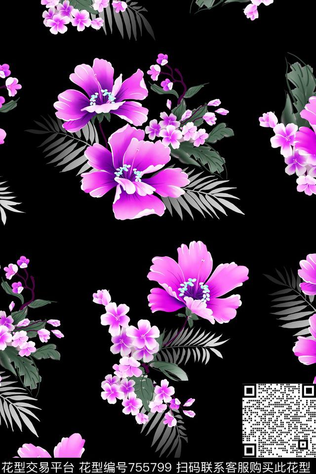 大花花朵花卉数码印花华亿平台下载（图片编号: 755799） - 瓦栏（Walan）