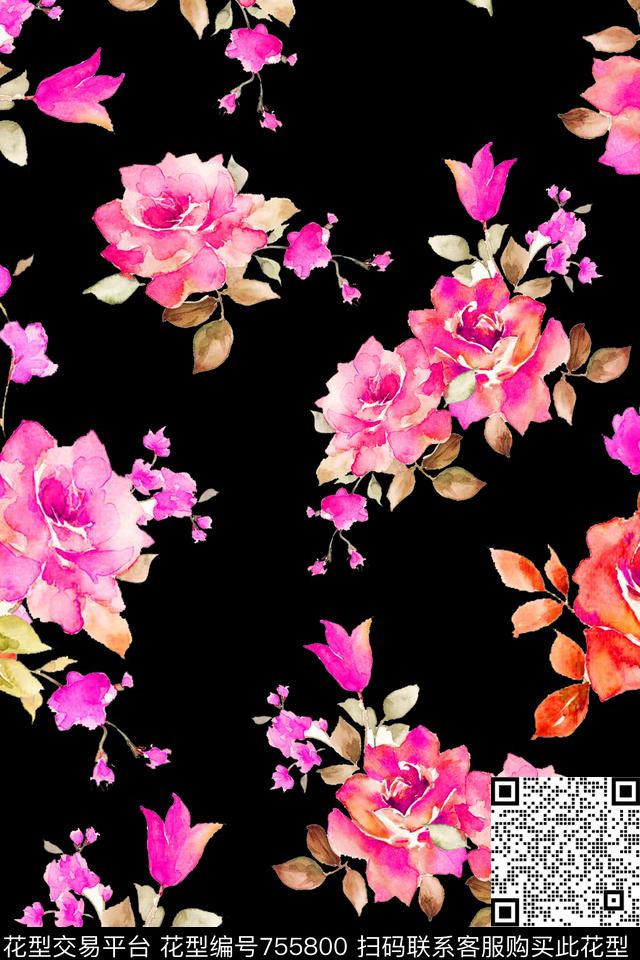 大花花朵花卉数码印花华亿平台下载（图片编号: 755800） - 瓦栏（Walan）