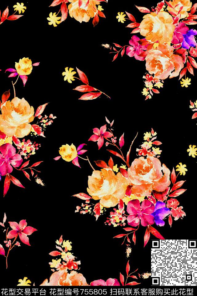 大花花朵花卉数码印花华亿平台下载（图片编号: 755805） - 瓦栏（Walan）