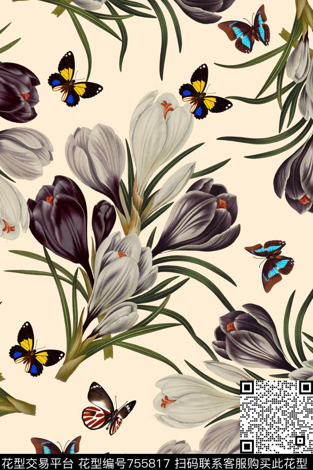 蝴蝶花卉拼图蝴蝶图案花朵数码印花华亿平台下载（图片编号: 755817） - 瓦栏（Walan）