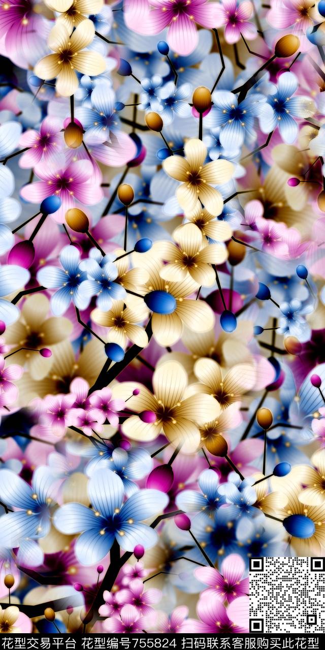 乱花水彩数码数码印花华亿平台下载（图片编号: 755824） - 瓦栏（Walan）