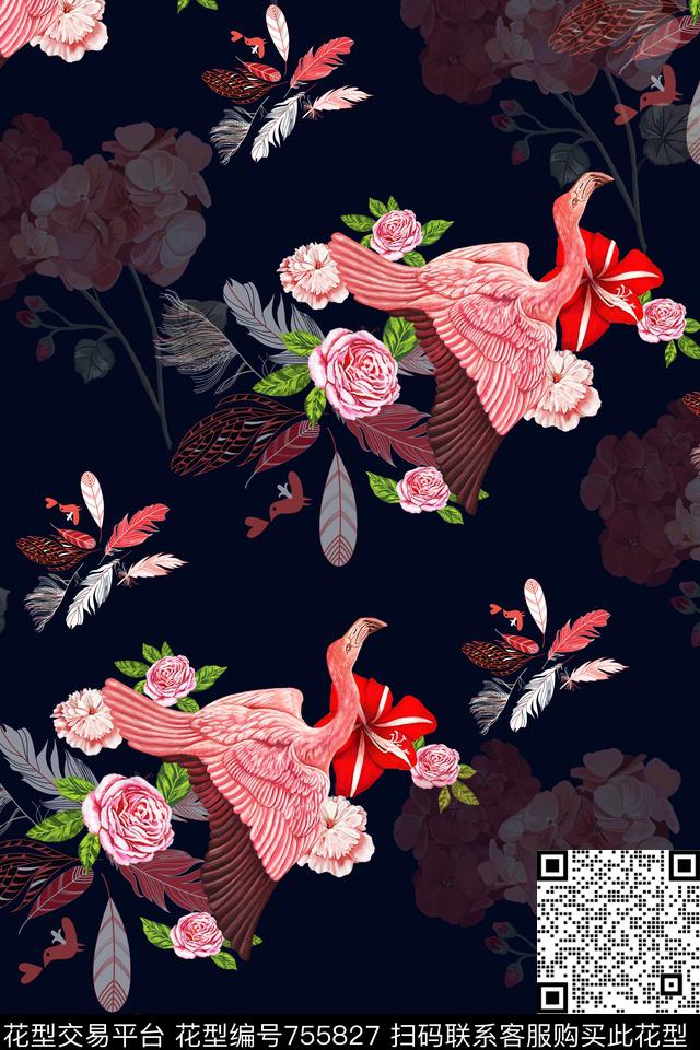 仙鹤牡丹花鸟数码印花华亿平台下载（图片编号: 755827） - 瓦栏（Walan）