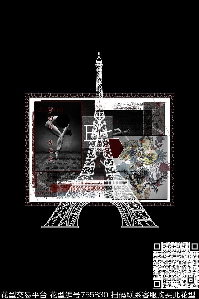 铁塔复古花纹黑底数码印花华亿平台下载（图片编号: 755830） - 瓦栏（Walan）