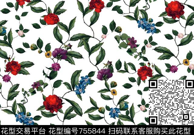 曼陀罗牡丹花朵数码印花华亿平台下载（图片编号: 755844） - 瓦栏（Walan）