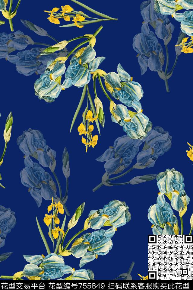 复古花卉大花乱花手绘数码印花华亿平台下载（图片编号: 755849） - 瓦栏（Walan）
