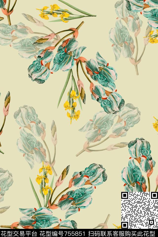 复古花卉大花乱花手绘数码印花华亿平台下载（图片编号: 755851） - 瓦栏（Walan）