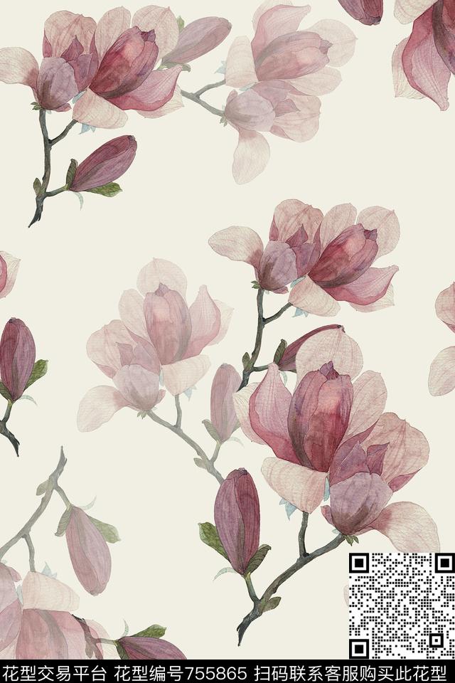 手绘花卉清新淡雅大花乱花数码印花华亿平台下载（图片编号: 755865） - 瓦栏（Walan）
