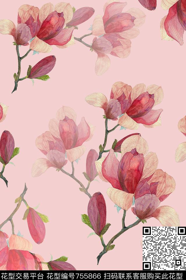 手绘花卉清新淡雅大花乱花数码印花华亿平台下载（图片编号: 755866） - 瓦栏（Walan）