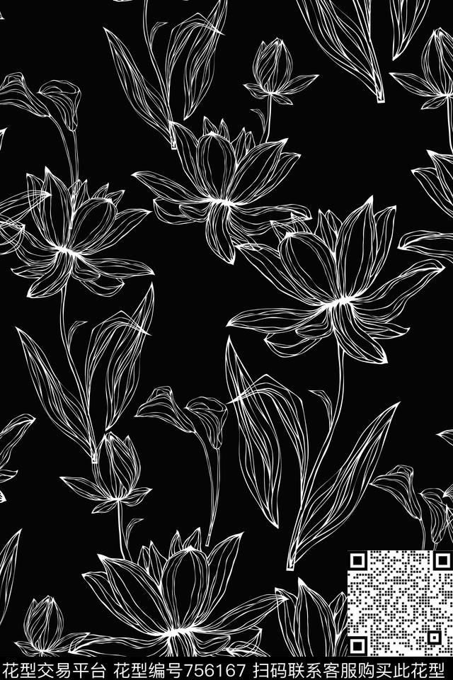 黑白花线条花卉乱花传统印花华亿平台下载（图片编号: 756167） - 瓦栏（Walan）