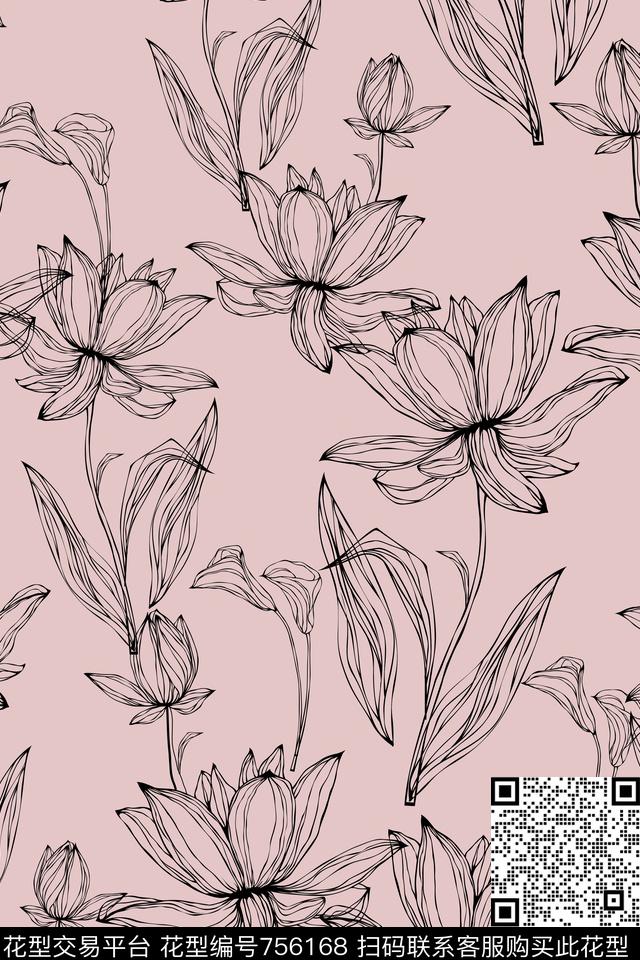 黑白花线条花卉乱花传统印花华亿平台下载（图片编号: 756168） - 瓦栏（Walan）