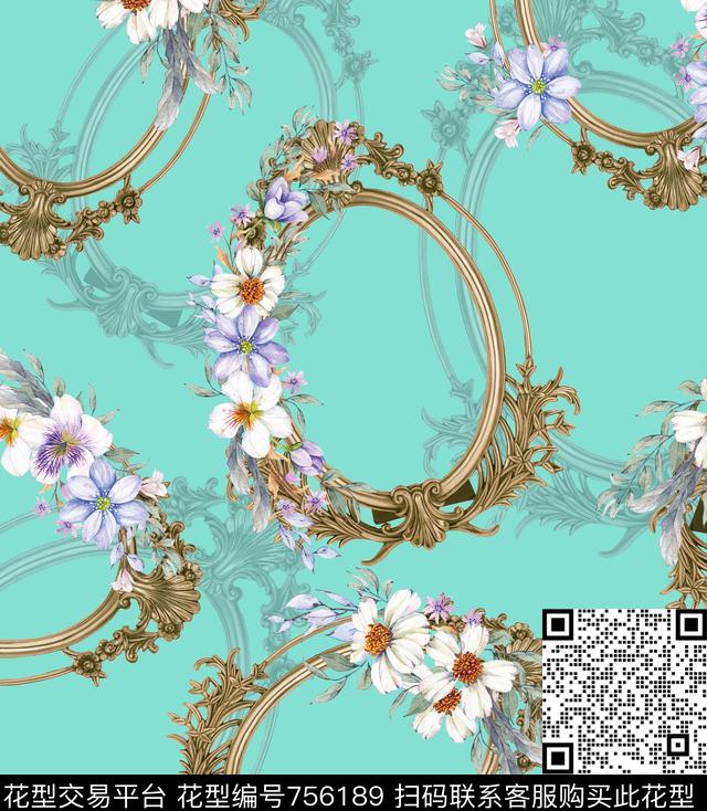 暗纹花卉镜框数码印花华亿平台下载（图片编号: 756189） - 瓦栏（Walan）
