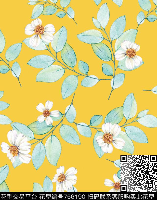 大花花卉叶子数码印花华亿平台下载（图片编号: 756190） - 瓦栏（Walan）