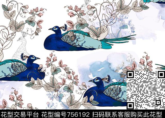 鸟花纹暗纹数码印花华亿平台下载（图片编号: 756192） - 瓦栏（Walan）