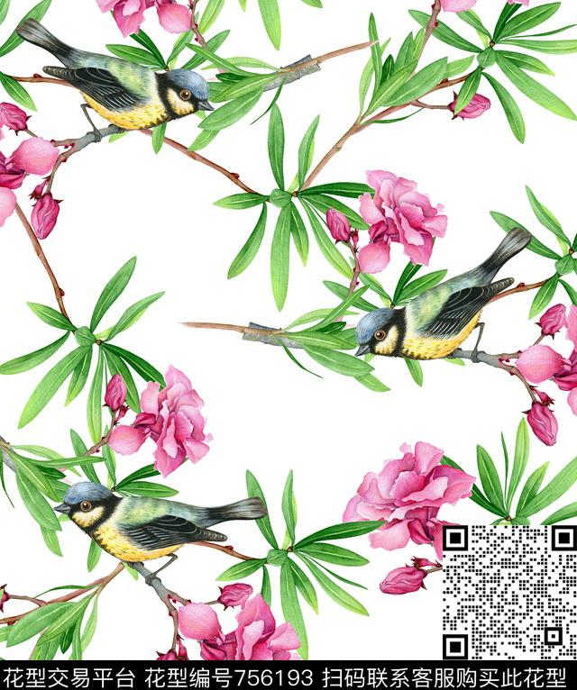 大花花卉鸟数码印花华亿平台下载（图片编号: 756193） - 瓦栏（Walan）
